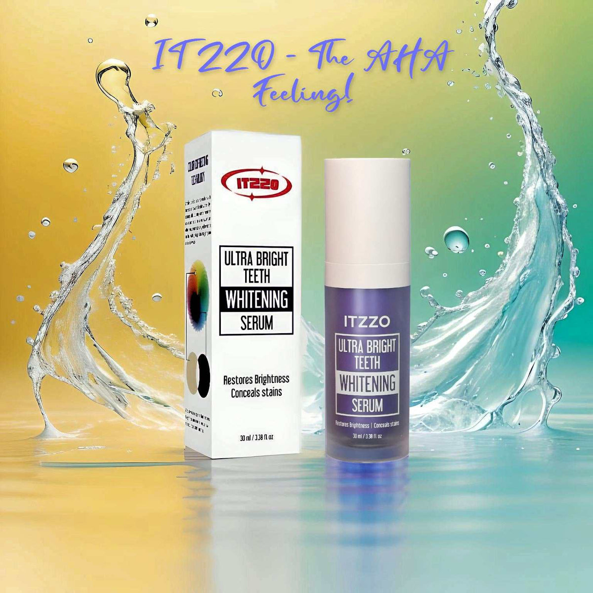 ITZZO Purple Teeth Color Corrector Serum bottle and carton against yellow and blue splash background