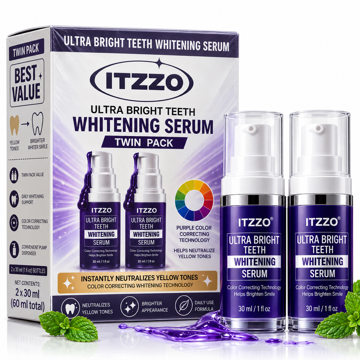 ITZZO® Purple Teeth Color Corrector Serum Twin Pack – 2 × 30 mL, Peroxide-Free
