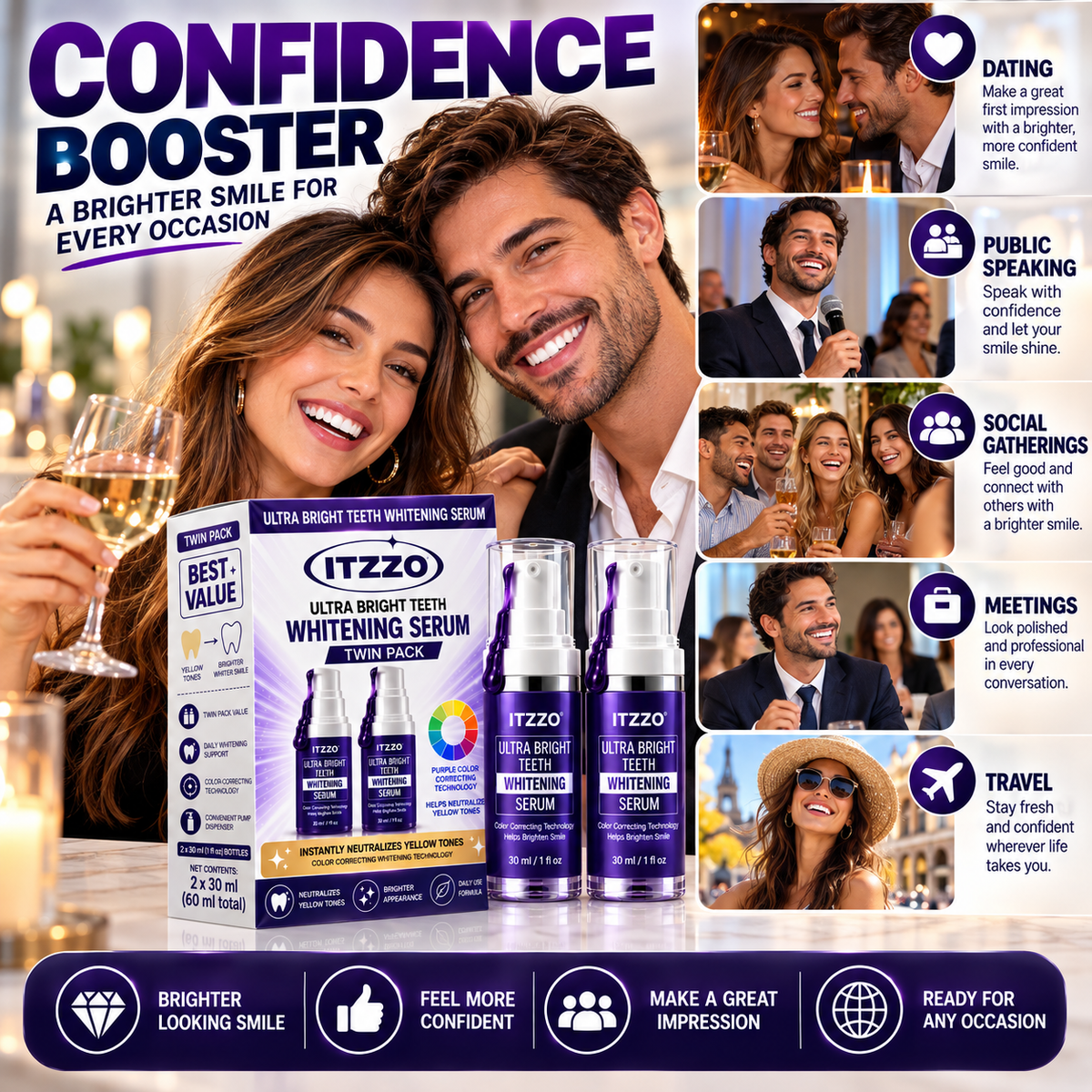 ITZZO® Purple Teeth Color Corrector Serum Twin Pack – 2 × 30 mL, Peroxide-Free