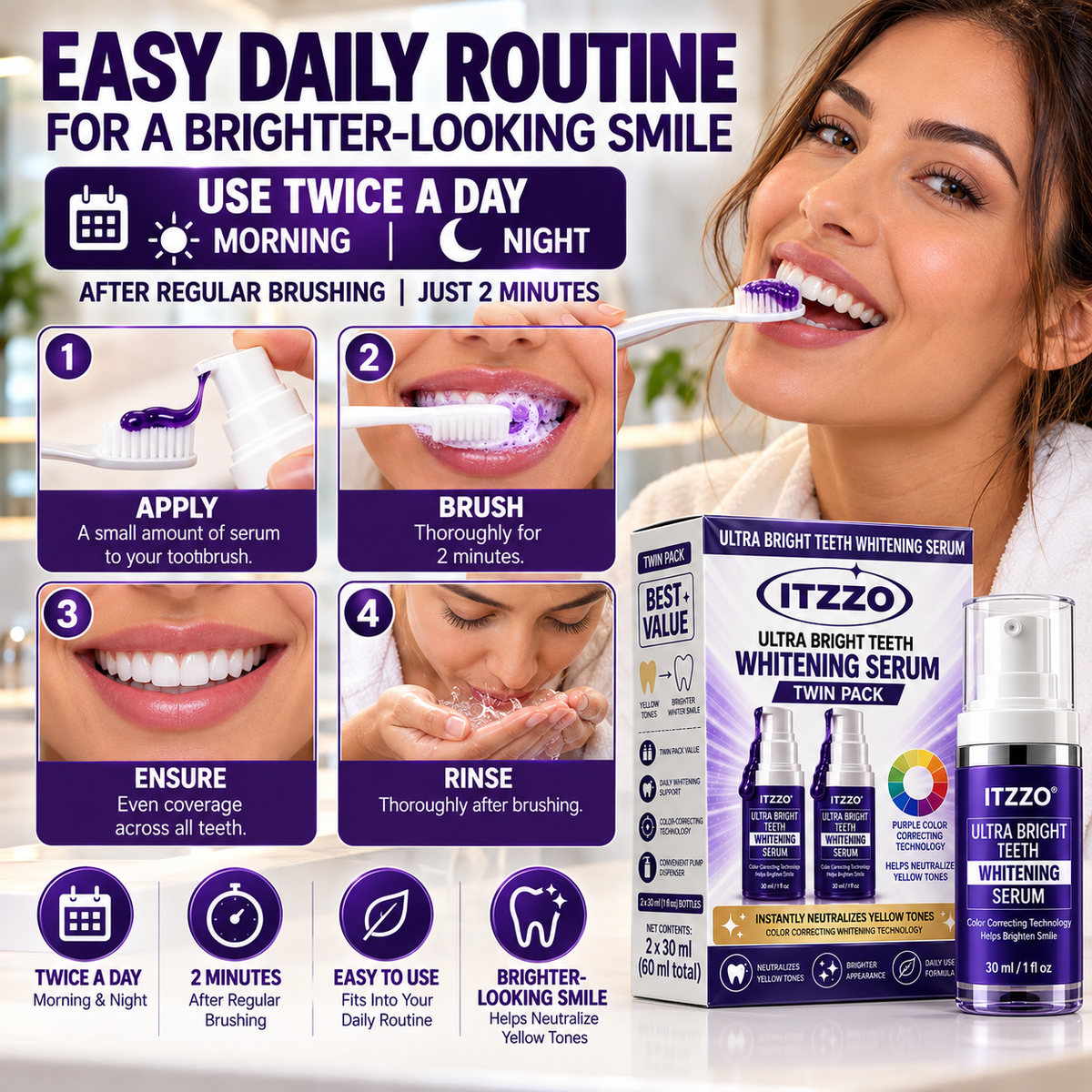 ITZZO® Purple Teeth Color Corrector Serum Twin Pack – 2 × 30 mL, Peroxide-Free