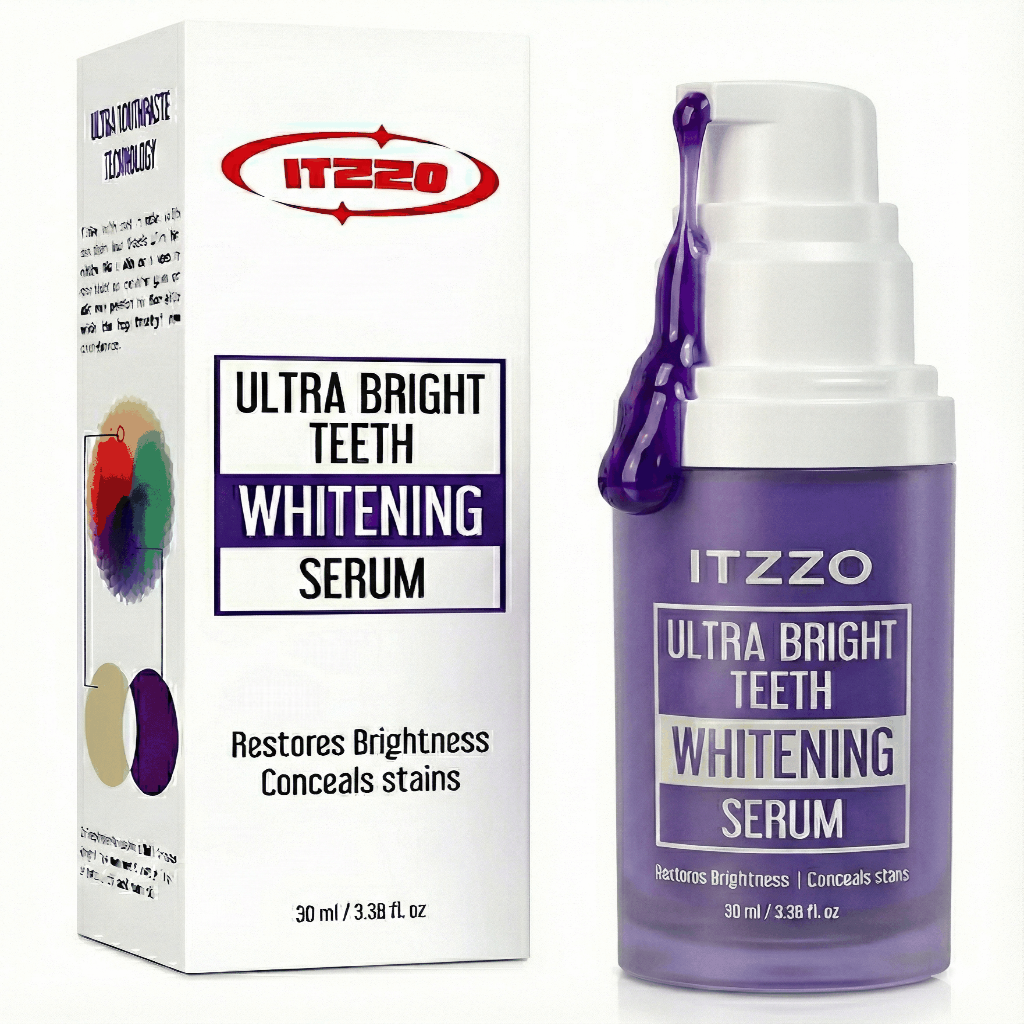 ITZZO Purple Teeth Color Corrector Serum pump bottle and carton