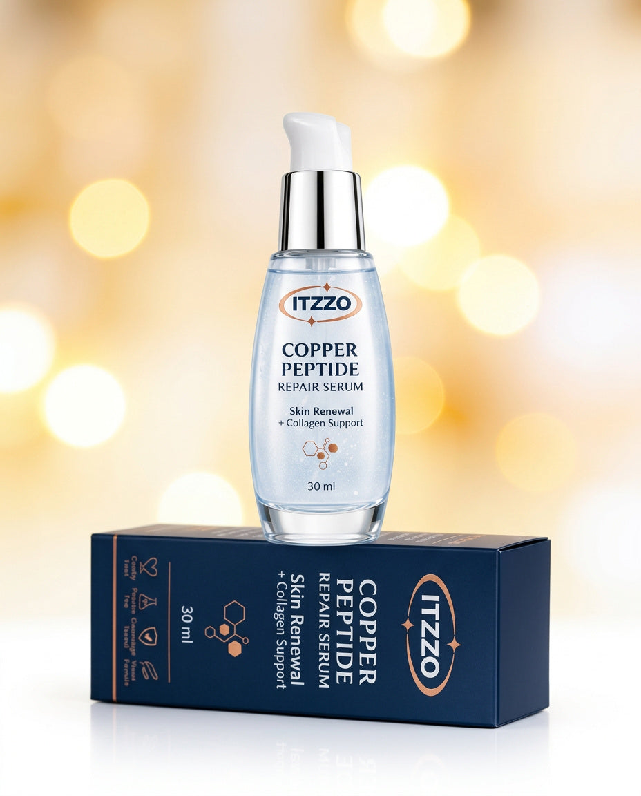 ITZZO Copper Peptide Serum bottle and product box included in Dual Serum Skincare Set